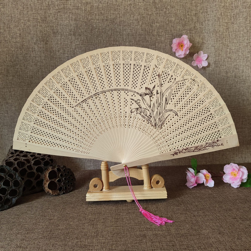 Sandalwood Fan Hollow Hemu Fan Carved Fragrant Wood Fan National Style Classic Folding Fan