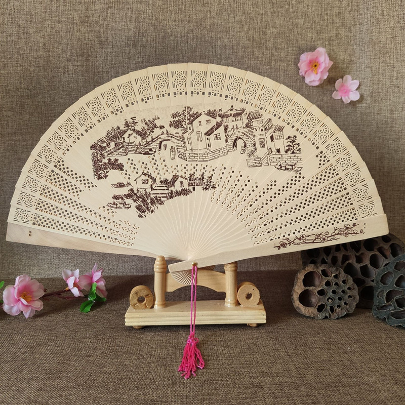 Sandalwood Fan Hollow Hemu Fan Carved Fragrant Wood Fan National Style Classic Folding Fan