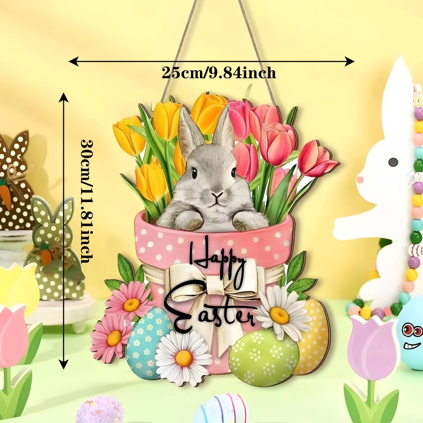 Spring Flowers Rabbit Party Welcome Message in front of the door Easter Wooden Plaque